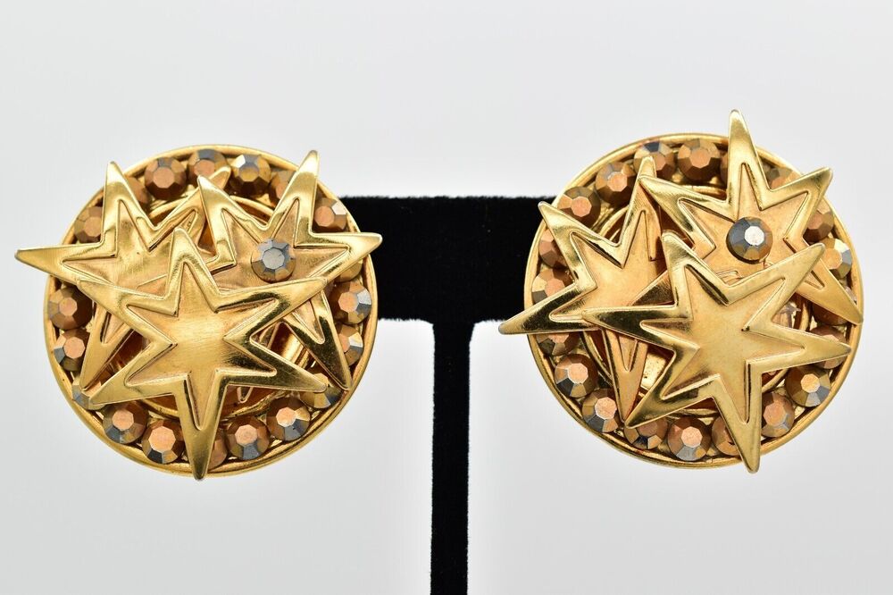 Michelle Sugar Vintage Star Clip On Earrings Gold Rhinestone Crystal Signed BinW